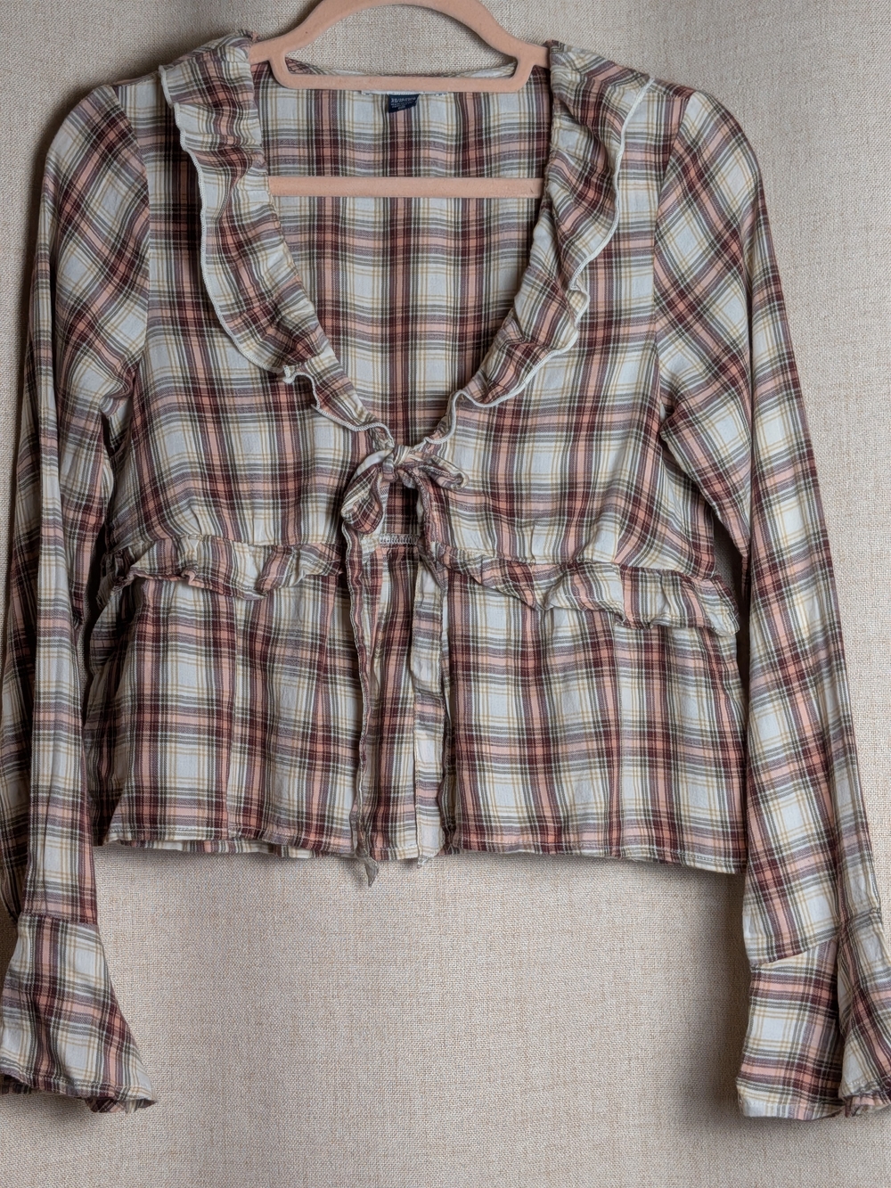 Coquette Plaid Ruffle Tie Front Cotton Crop Blouse American Eagle XS